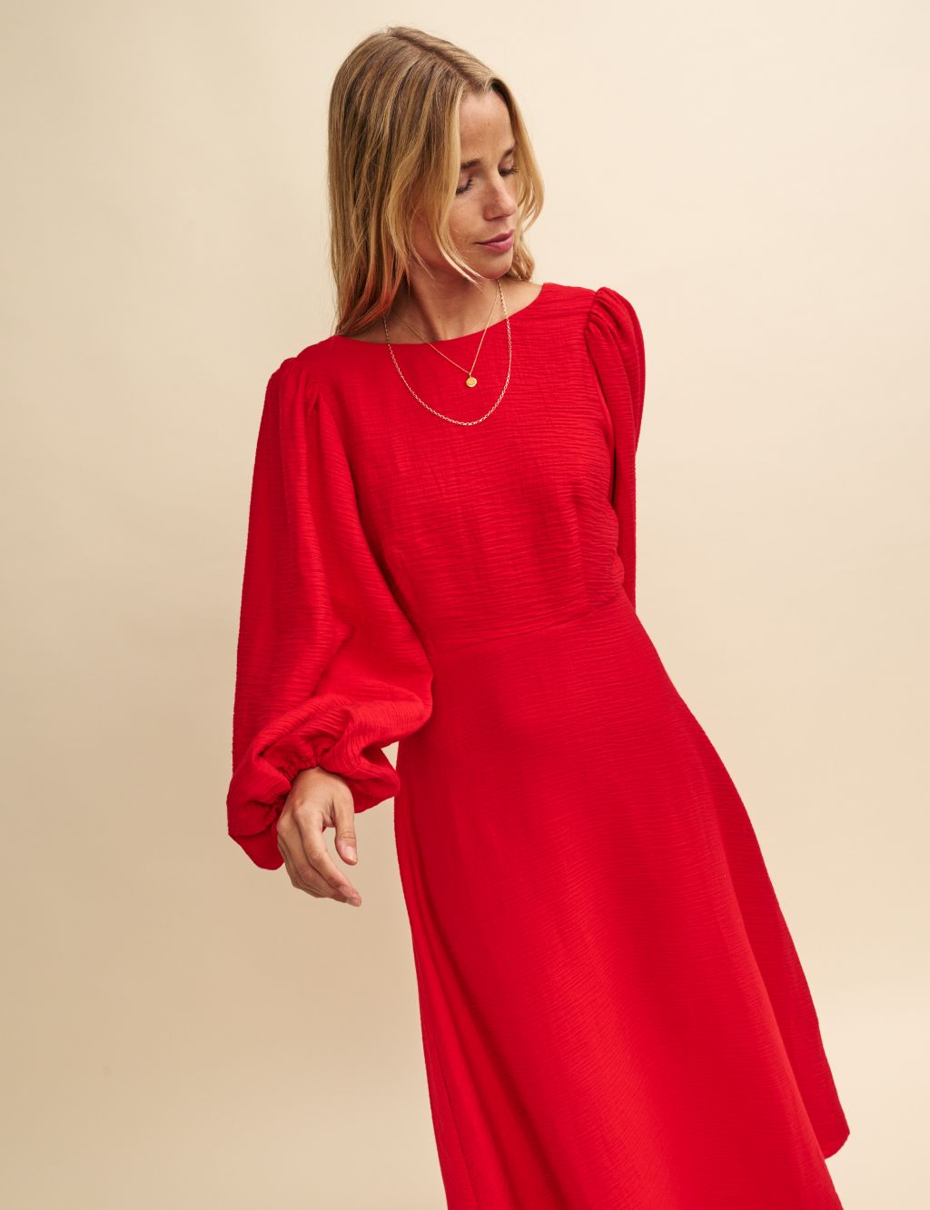 Puff Sleeve Midaxi Waisted Dress with Linen image 4