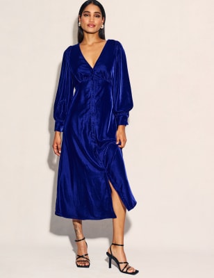 Vintage Cocktail Dresses, Party Dresses, Prom Dresses Womens Nobodys Child Velvet V-Neck Button Through Midi Tea Dress - Mid Blue Mid Blue $175.00 AT vintagedancer.com