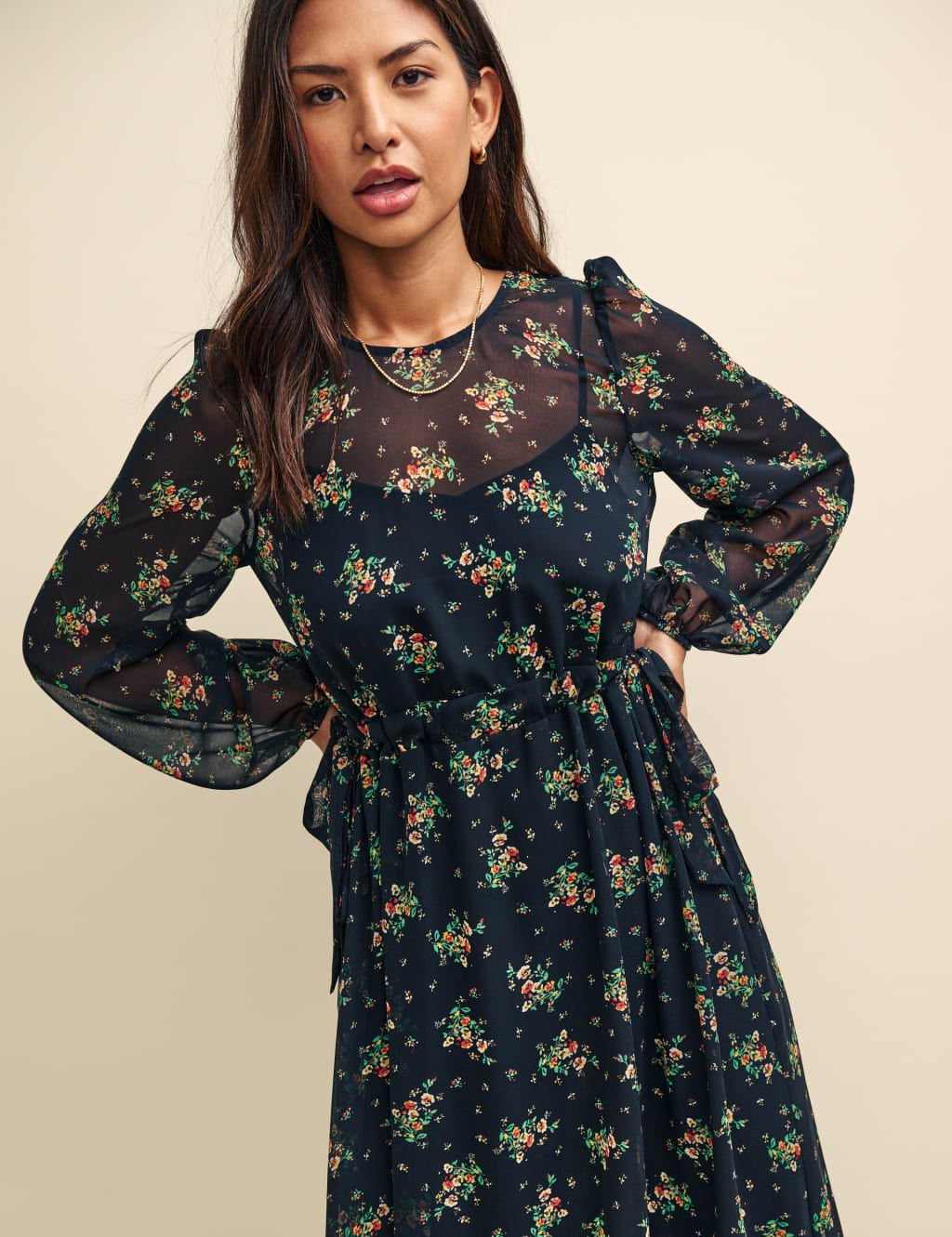 Chiffon Floral Midi Waisted Dress image 7