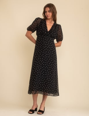 Chiffon Polka Dot V-Neck Midi Tea Dress