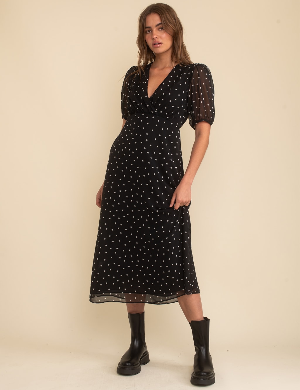 Chiffon Polka Dot V-Neck Midi Tea Dress image 3