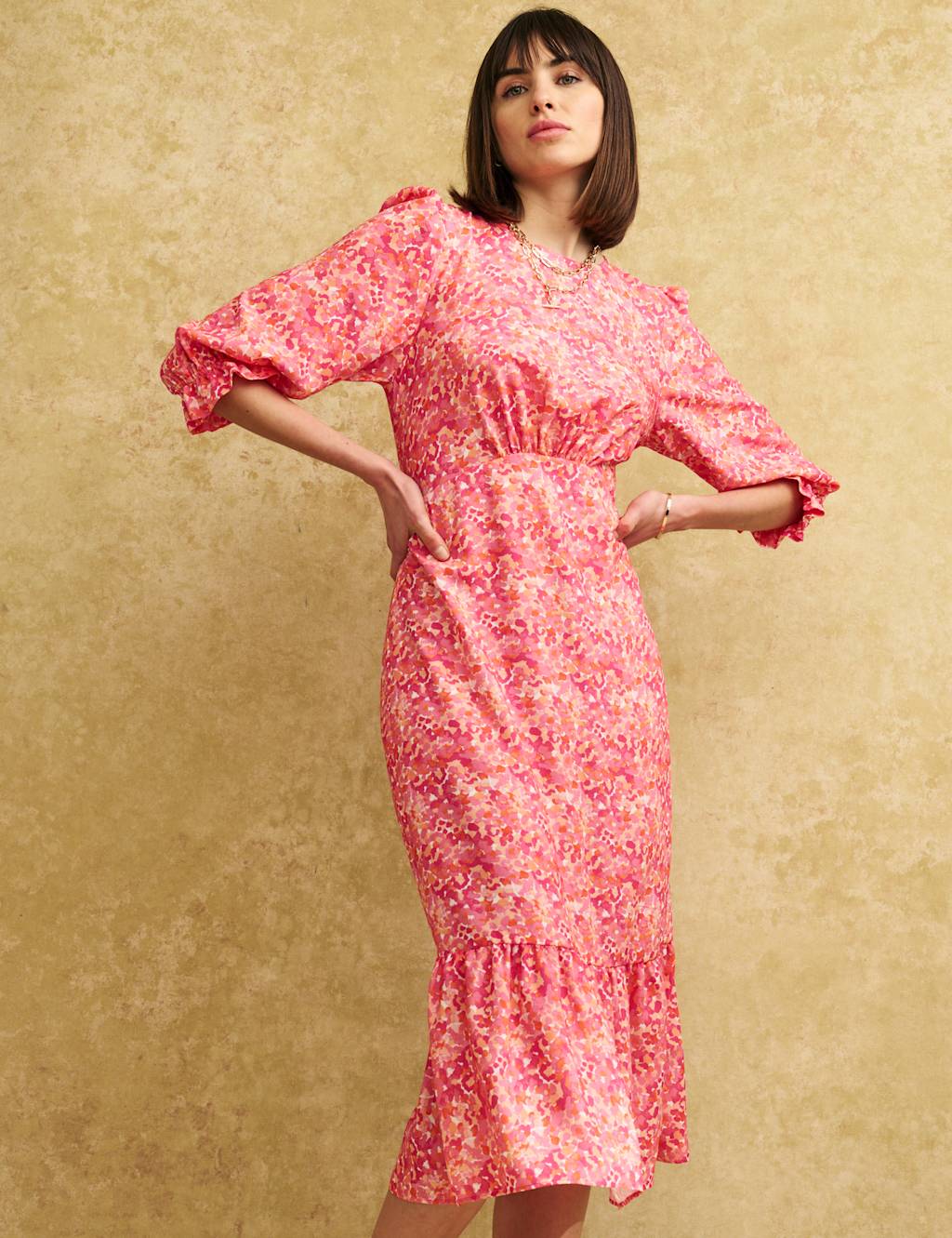 Printed Crew Neck Midi Tiered Tea Dress image 2