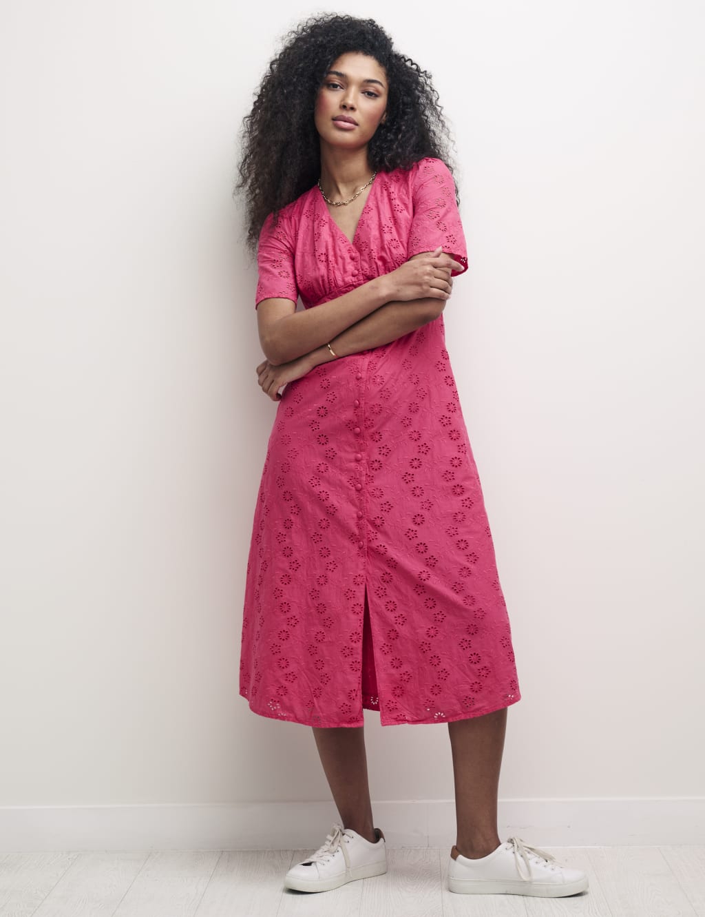 Organic Cotton Broderie V-Neck Midi Dress image 1