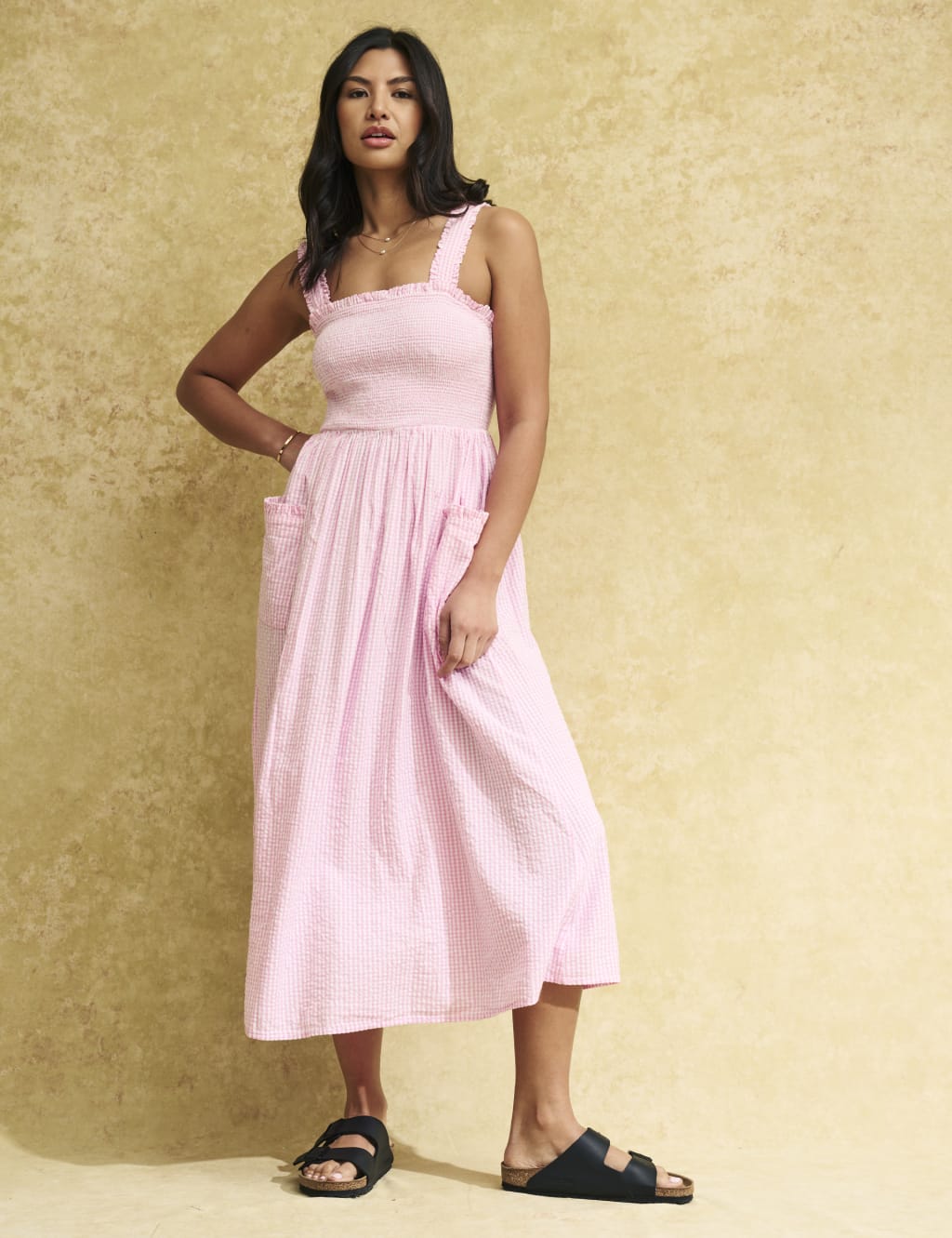 Pure Cotton Gingham Midi Waisted Dress image 1