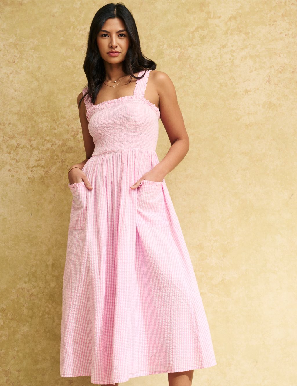Pure Cotton Gingham Midi Waisted Dress image 2