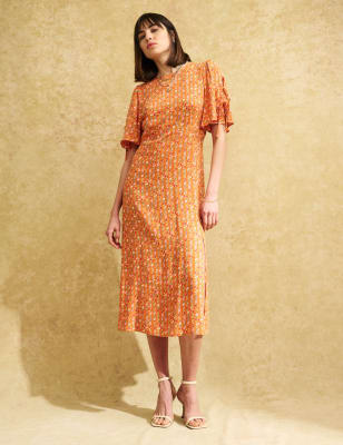 

Womens NOBODY'S CHILD X HAPPY PLACE Floral Tie Sleeve Midi Tea Dress - Orange Mix, Orange Mix