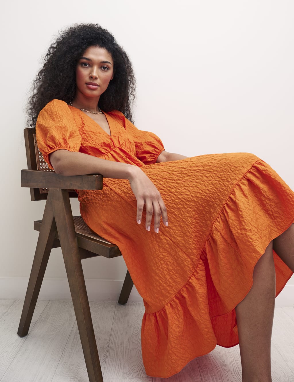 V-Neck Puff Sleeve Midi Smock Dress image 1