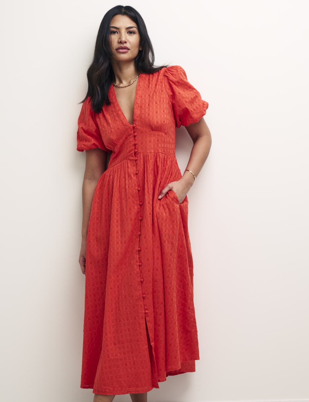 Organic Cotton Embroidered V-Neck Midaxi Dress image 4