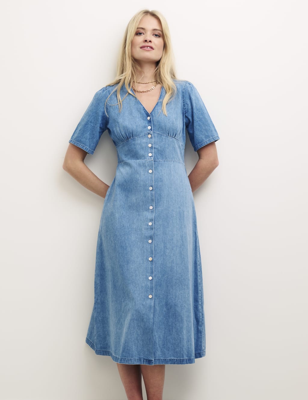 Denim V-Neck Midi Tea Dress image 4