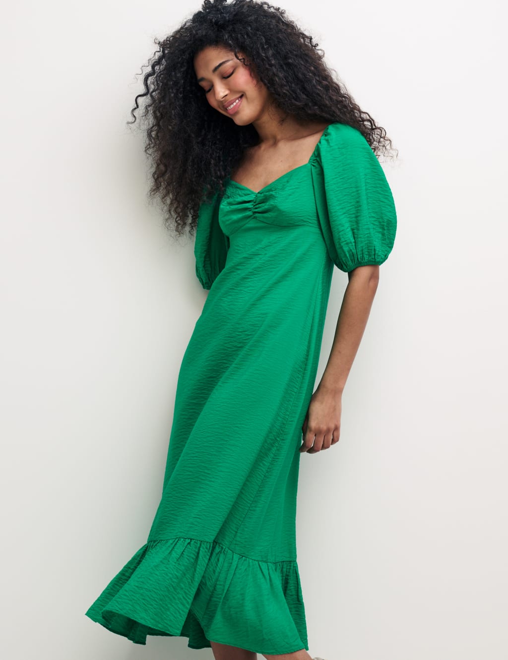 Textured V-Neck Puff Sleeve Midi Tea Dress image 2