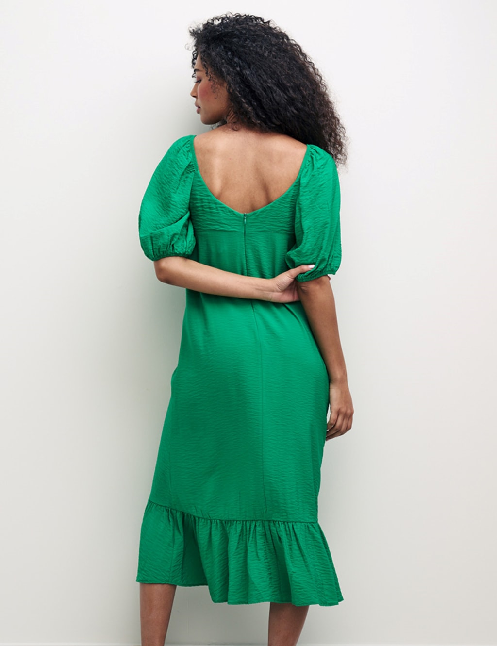 Textured V-Neck Puff Sleeve Midi Tea Dress image 4