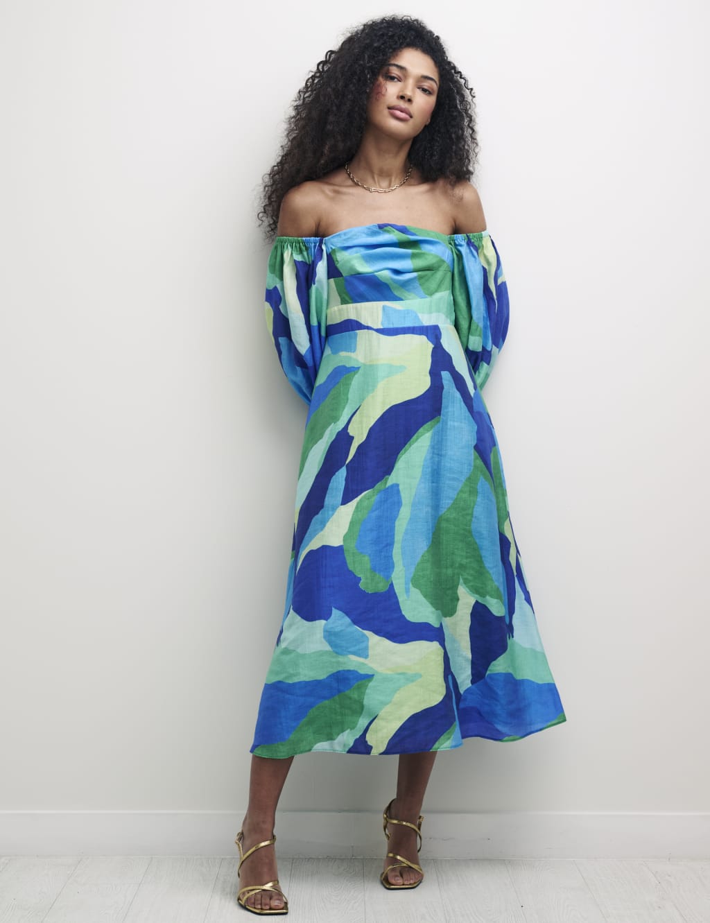 Printed Bardot Midaxi Waisted Dress image 1
