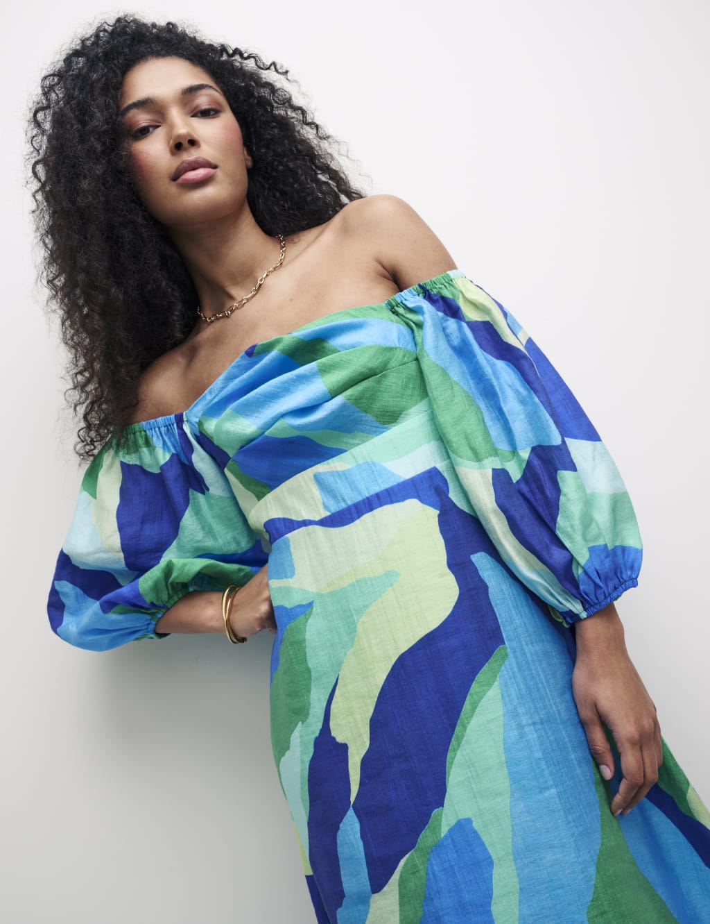 Printed Bardot Midaxi Waisted Dress image 3