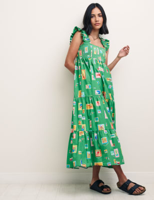 

Womens NOBODY'S CHILD X HAPPY PLACE Organic Cotton Printed Midaxi Tiered Dress - Green Mix, Green Mix