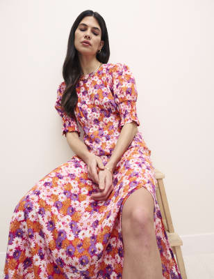 

Womens Nobody's Child Floral Puff Sleeve Midi Tea Dress - Orange Mix, Orange Mix