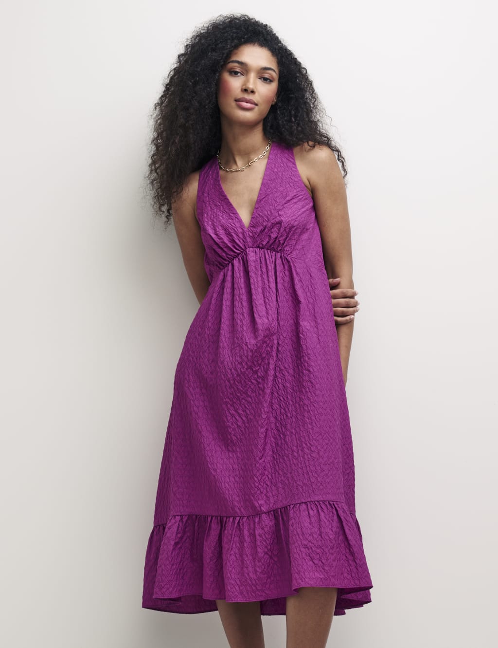 Textured V-Neck Midi Smock Dress image 4