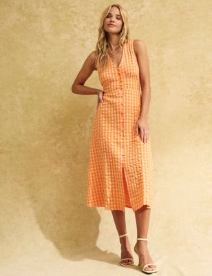 

Womens Nobody's Child Pure Cotton Gingham V-Neck Midi Tea Dress - Orange Mix, Orange Mix