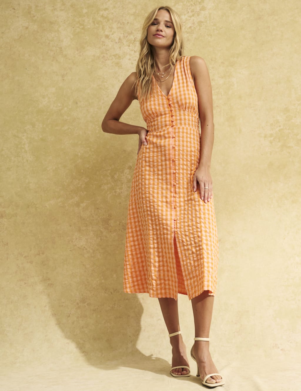 Pure Cotton Gingham V-Neck Midi Tea Dress image 1