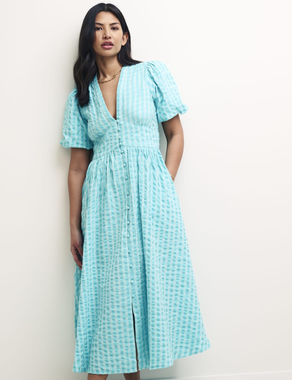 Pure Cotton Checked V-Neck Midi Dress image 1