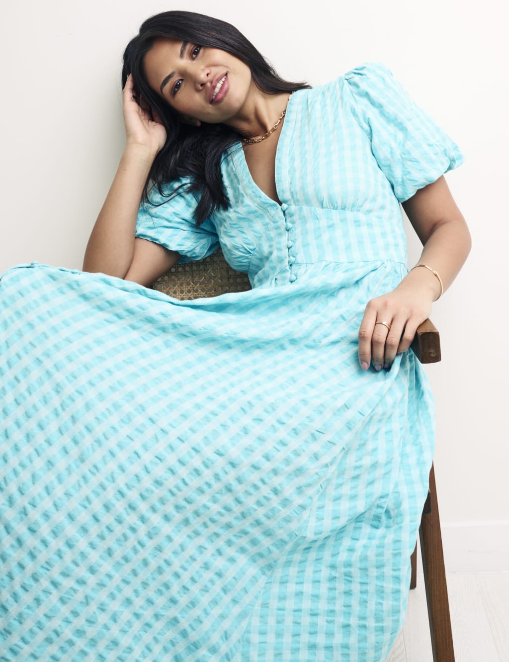 Pure Cotton Checked V-Neck Midi Dress image 4