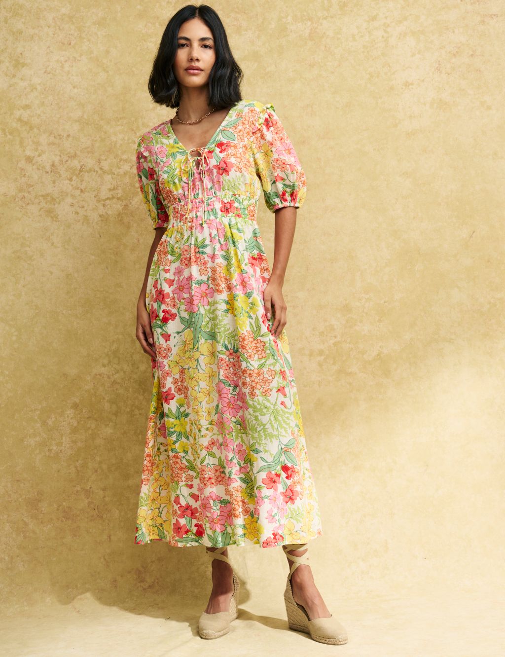 Floral Tie Neck Midi Waisted Dress image 1