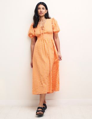 

Womens Nobody's Child Pure Cotton Gingham Midi Waisted Dress - Orange Mix, Orange Mix