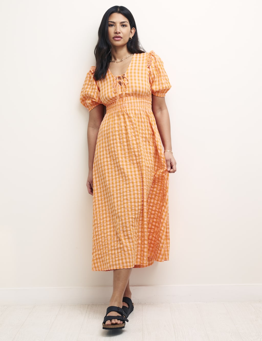 Pure Cotton Gingham Midi Waisted Dress image 1