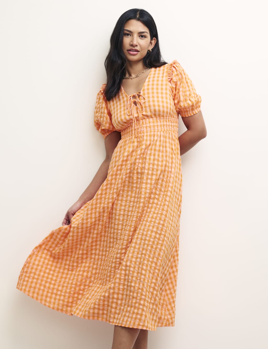 Pure Cotton Gingham Midi Waisted Dress image 2