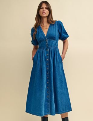 Nobody'S Child Women's Denim V-Neck Midi Waisted Dress - 18 - Blue, Blue