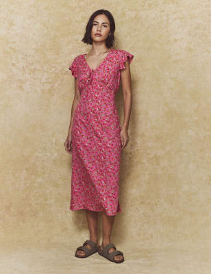 

Womens Nobody's Child Gemustertes Midikleid im Swing-Stil mit V-Ausschnitt und Rüschenärmeln - Pink Mix, Pink Mix