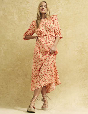 

Womens Nobody's Child Floral Frill Detail Midi Tea Dress - Cream Mix, Cream Mix