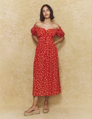 

Womens Nobody's Child Floral Bardot Midi Waisted Dress - Red Mix, Red Mix