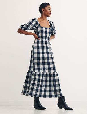 

Nobody's Child Vestido fruncido maxi a media pierna de cuadros con escote cuadradoWomens - Navy, Navy
