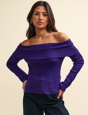 

Womens Nobody's Child Ribbed Bardot Neckline Fitted Knitted Top - Purple, Purple