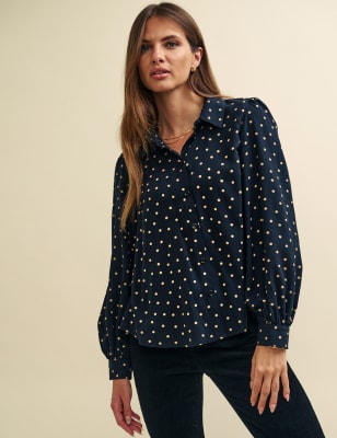 

Womens Nobody's Child Polka Dot Collared Blouson Sleeve Shirt - Black Mix, Black Mix