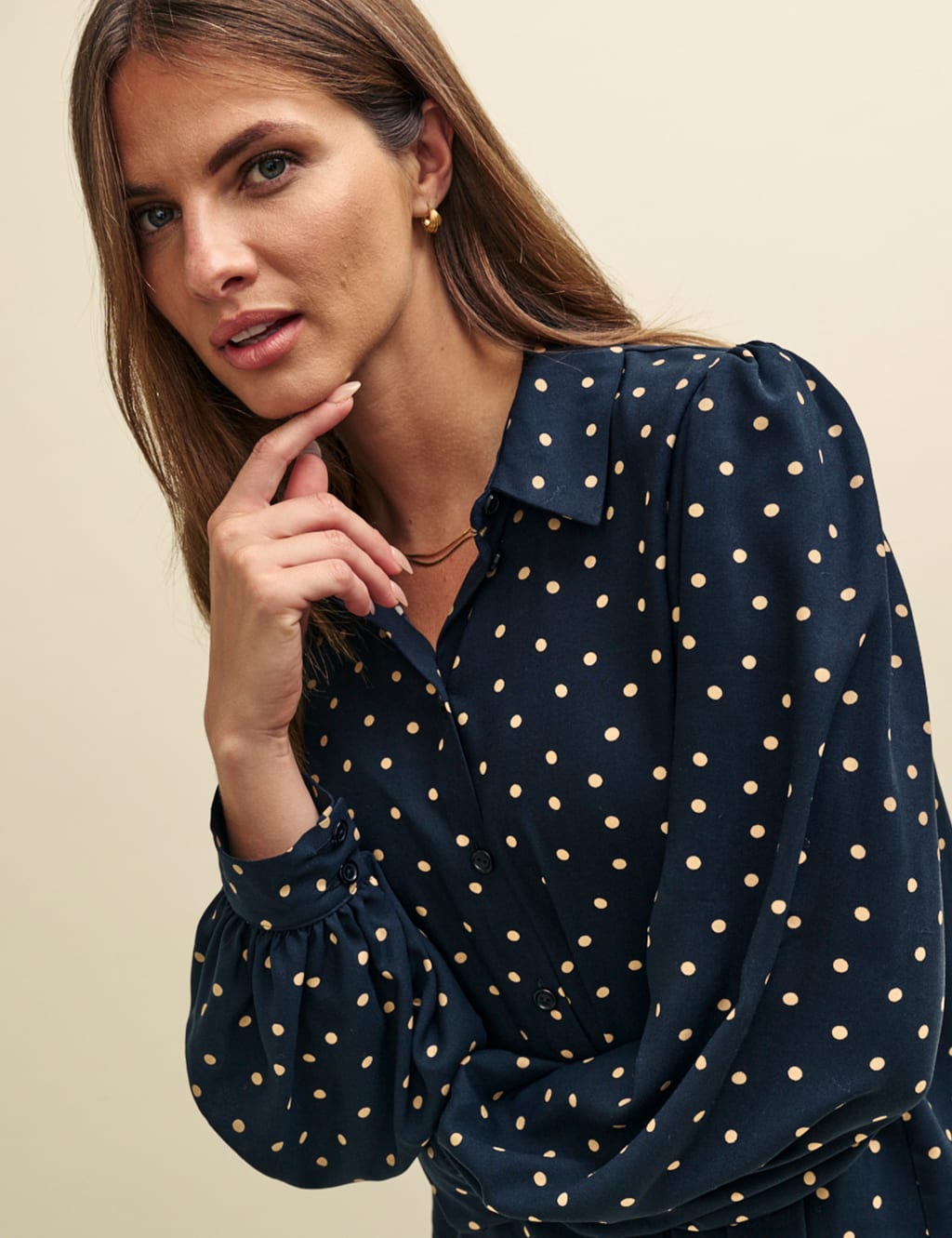 Polka Dot Collared Blouson Sleeve Shirt image 2