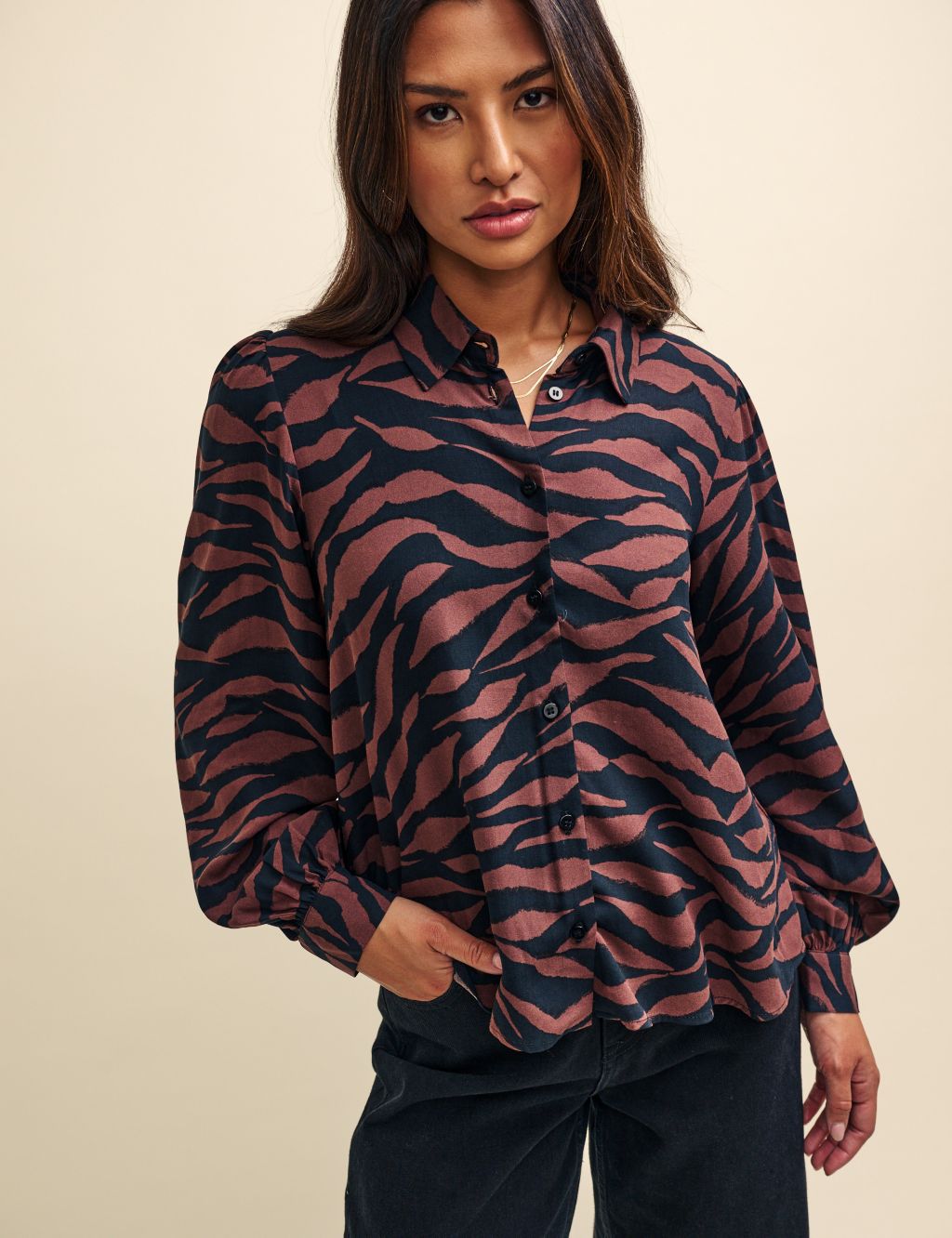 Animal Print Collared Blouson Sleeve Shirt image 2