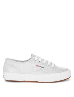 Superga Women's Canvas Lace Up Glitter Trainers - 4 - Silver, Silver,Golden Rose