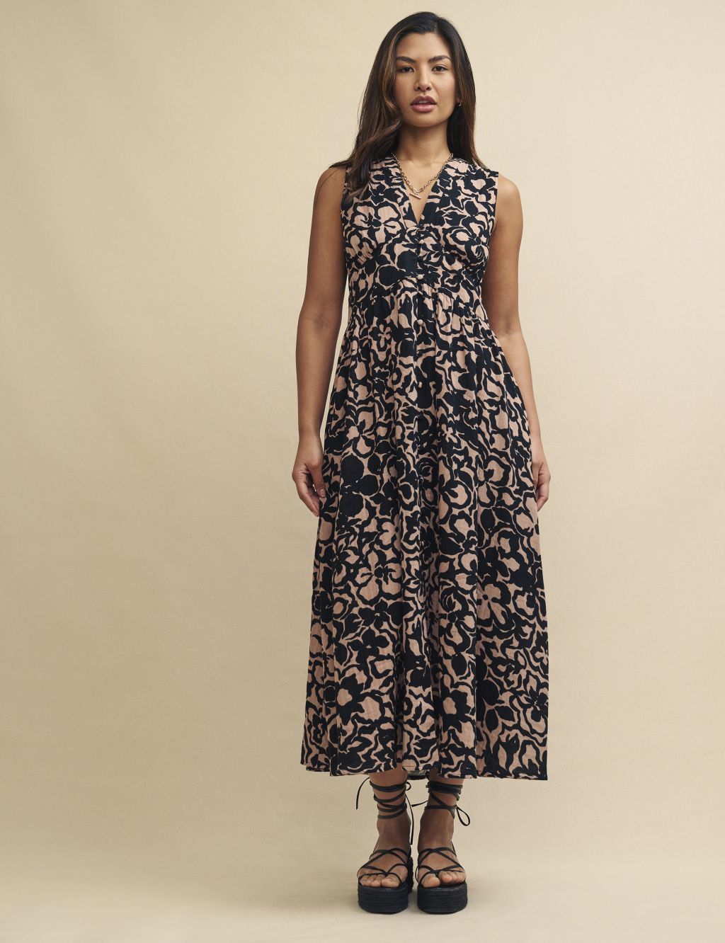 Floral V-Neck Midaxi Waisted Dress with Linen