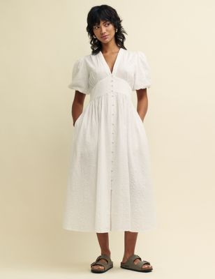 Pure Cotton Textured Midaxi Waisted Dress