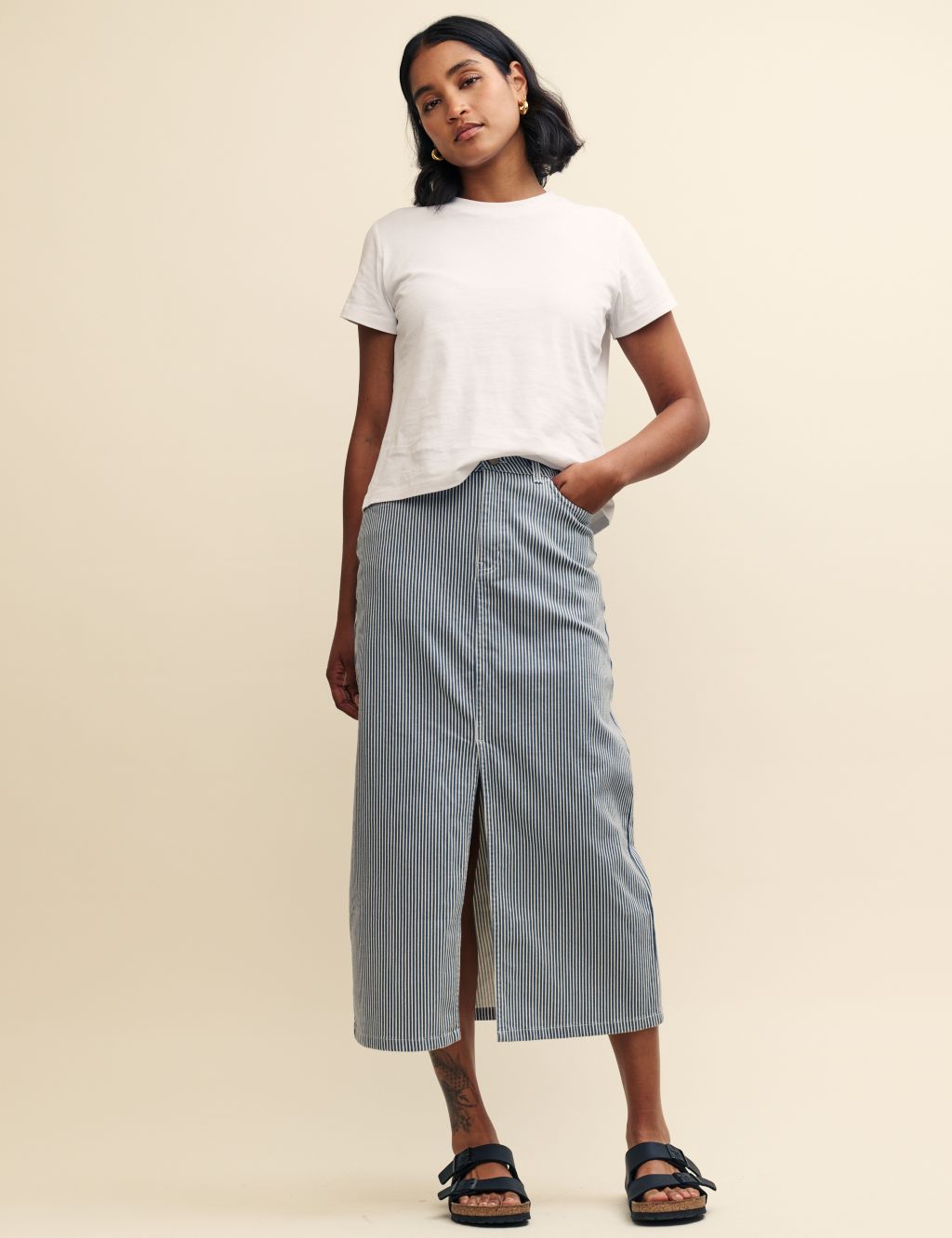 Denim Pinstriped Midaxi Column Skirt