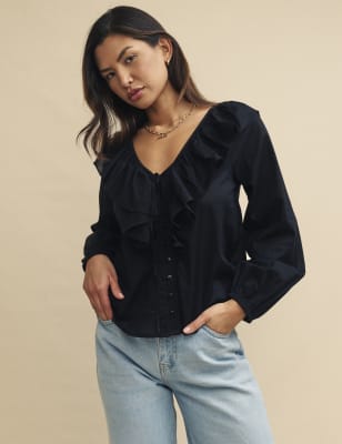 

Womens Nobody's Child Bequeme Bluse aus reiner Baumwolle mit V-Ausschnitt und Lochstickerei - Black, Black