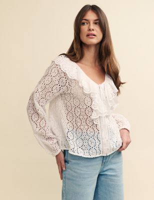 Pure Cotton Broderie V-Neck Relaxed Blouse