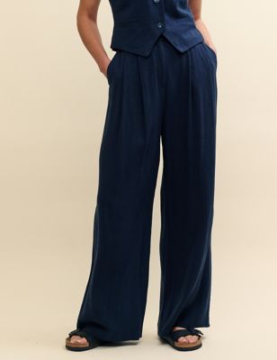 Nobody'S Child Womens Wide Leg Trousers with Linen - 18 - Navy, Navy,Cream