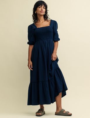 Nobody'S Child Women's Pure Cotton Shirred Midaxi Tiered Dress - 10 - Navy, Navy