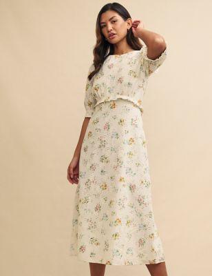 Pure Cotton Floral Round Neck Midi Tea Dress