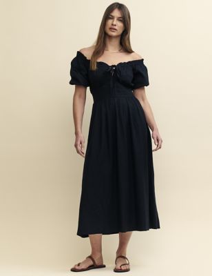 Nobody'S Child Women's Linen Rich Tie Detail Midi Waisted Dress - 8 - Black, Black
