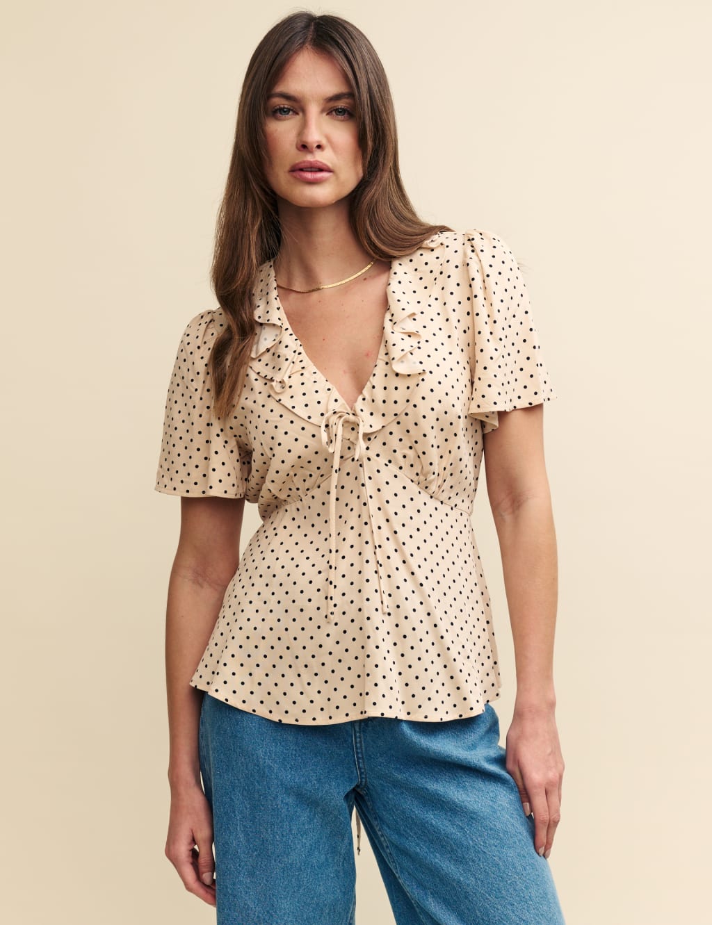 Polka Dot V-Neck Frill Detail Blouse