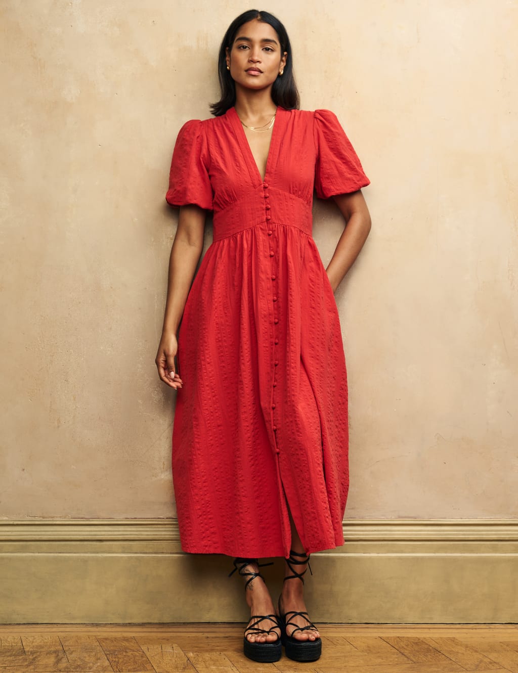 Red color midi dress 2025