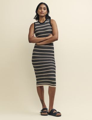 Pure Cotton Knitted Striped Midi Dress